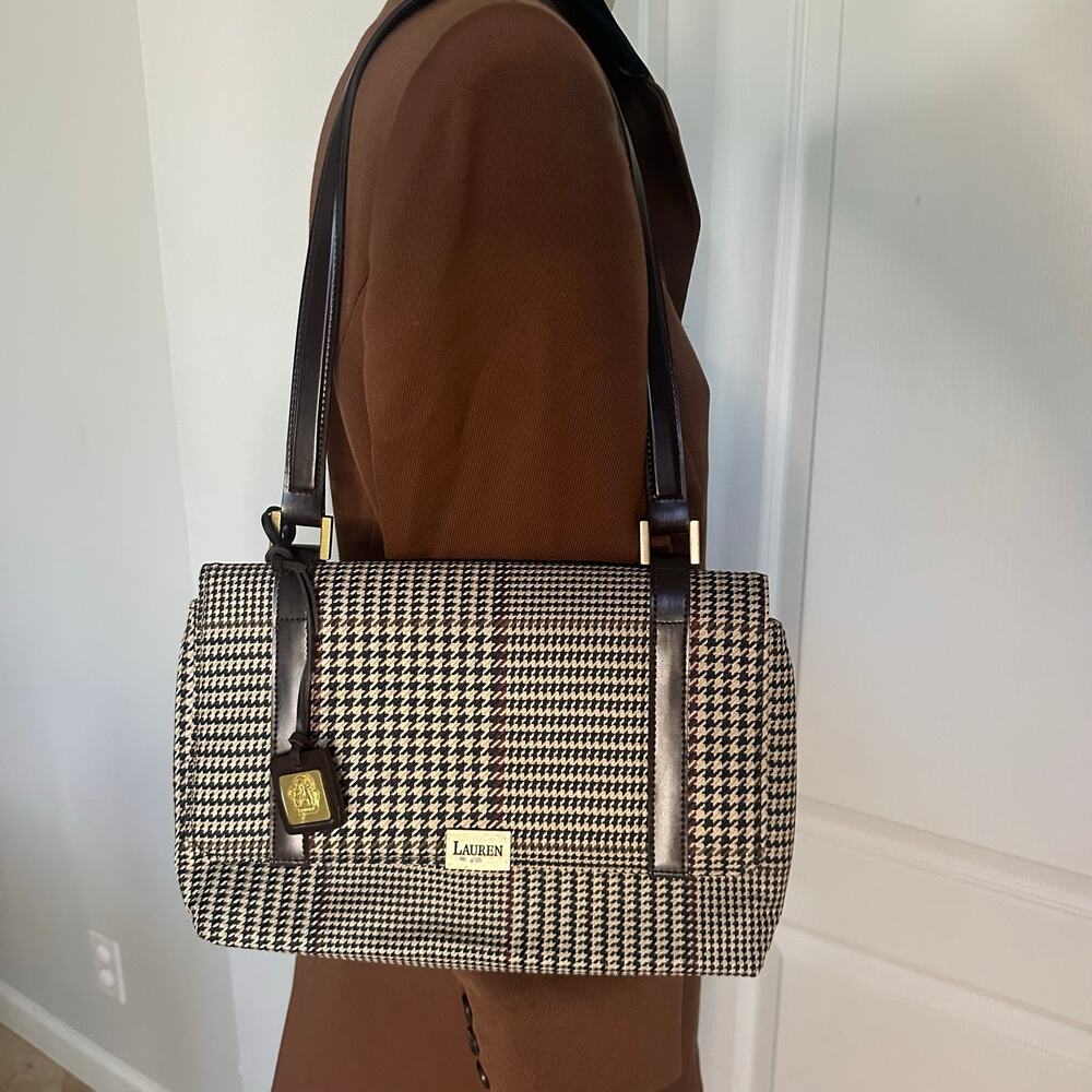 Vintage Lauren Ralph Lauren Houndstooth Flap Shoulder Bag – Brown & Cream